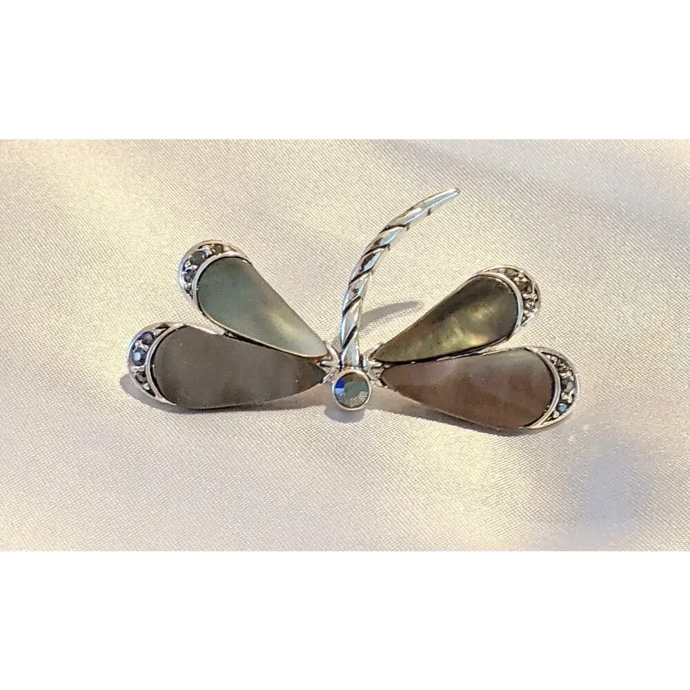 Monet Dragonfly Brooch Pin Gray Mother of Pearl Rhinestone Silver Tone Signed